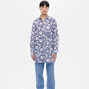 Marimekko Veiga Tasaraita Unikko Pattern Oversized Cotton Poplin Button Up Sz L